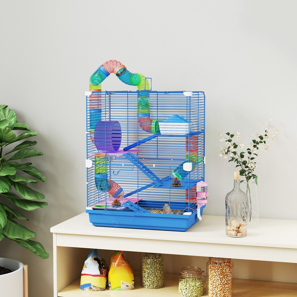 image 1 of Pawhut 5 Tier Hamster Cage, Gerbil Cage with Tube Exercise Wheels, Tunnel, Water Bottle, Dishes, Blue, 58H x 46L x 30Wcm