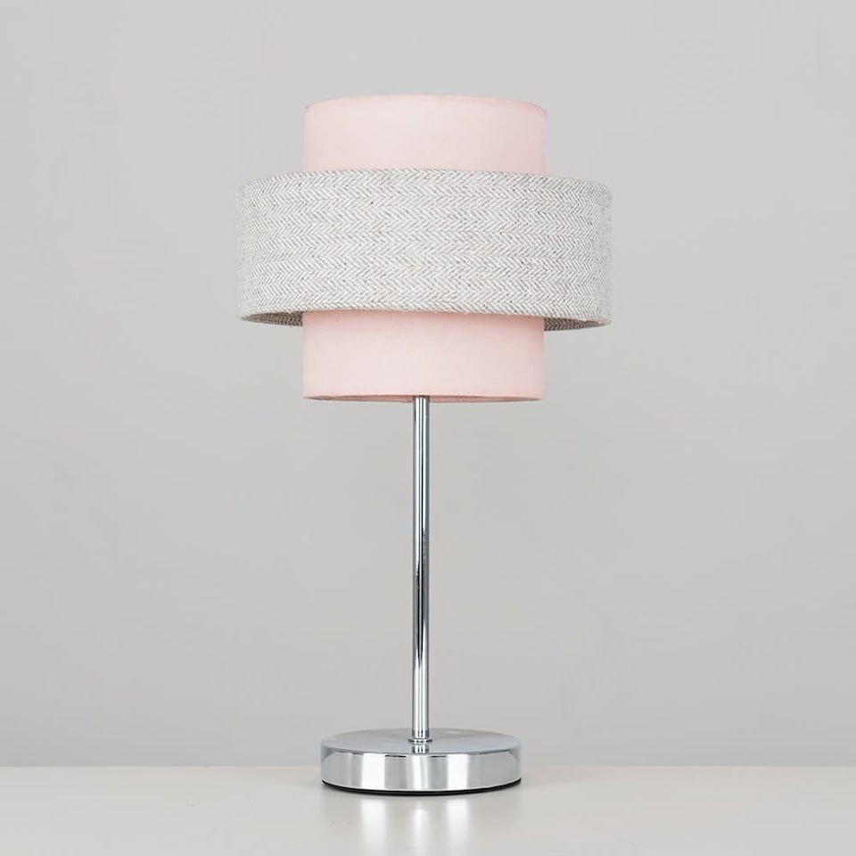 image 1 of ValueLights Weaver Chrome Touch Bedside Table Pink and Grey Herringbone Shade