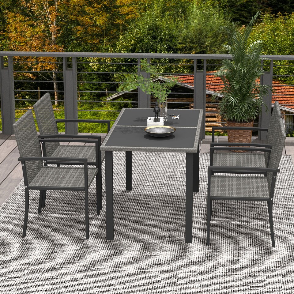 image 1 of Outsunny 4 Seater Rattan Dining Set with Rectangular Glass Top Table and 4 Armchairs, PE Rattan Garden Furniture Set, Outdoor Dining Table and Chairs for Patio, Balcony, Terrace, Grey