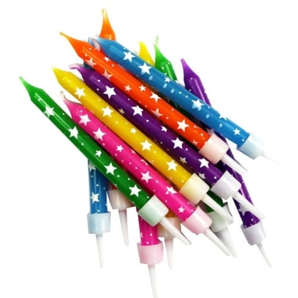 Assorted Colours Stars Party Candles With Holders - Pack of 12