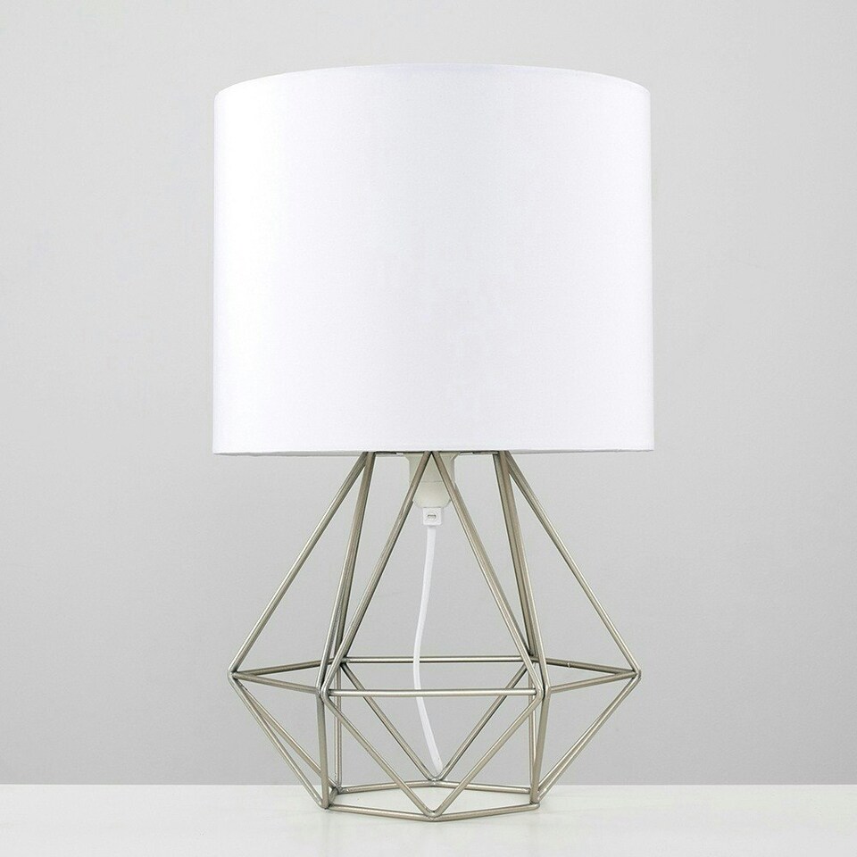 image 1 of ValueLights Angus Brushed Chrome Metal Basket Cage Bed Side Table Lamp with White Fabric Shade with LED Bulb
