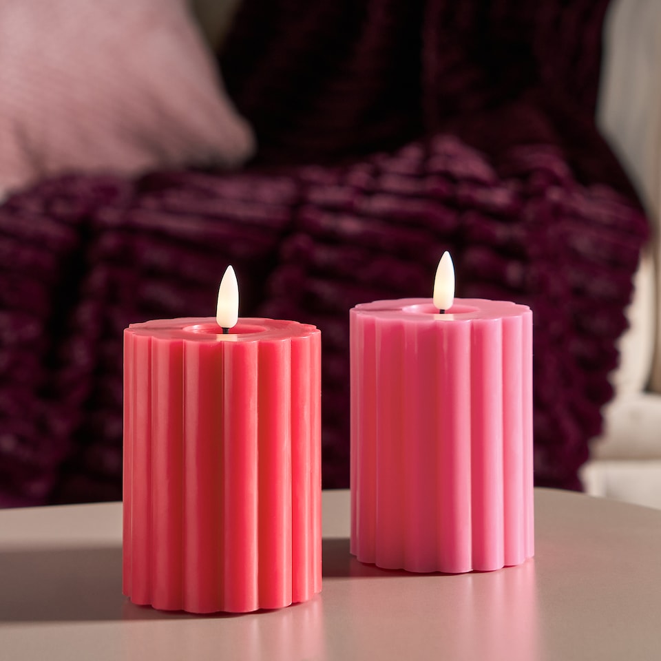image 1 of OHS Set of 2 Ribbed Flameless LED Candles Decorative Lights Party Home | Multi | Red & Pink