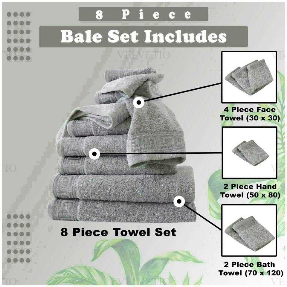image 1 of VELVETIO 8 Piece Towel Bale Set Jacquard Greek Key Pattern - 100% Cotton, 450 GSM White