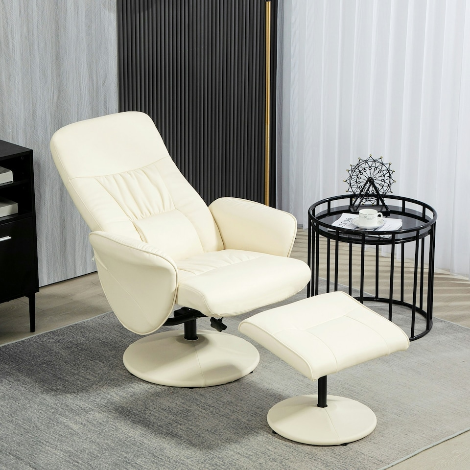 image 1 of HOMCOM PU Leather Armchair and Footrest Swivel Recliner Cream White