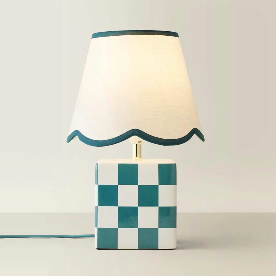 image 1 of ValueLights Evie Ceramic Cube Checkered Table Lamp with Sage Green Trim Linen Scallop Lamp Shade and LED Bulb