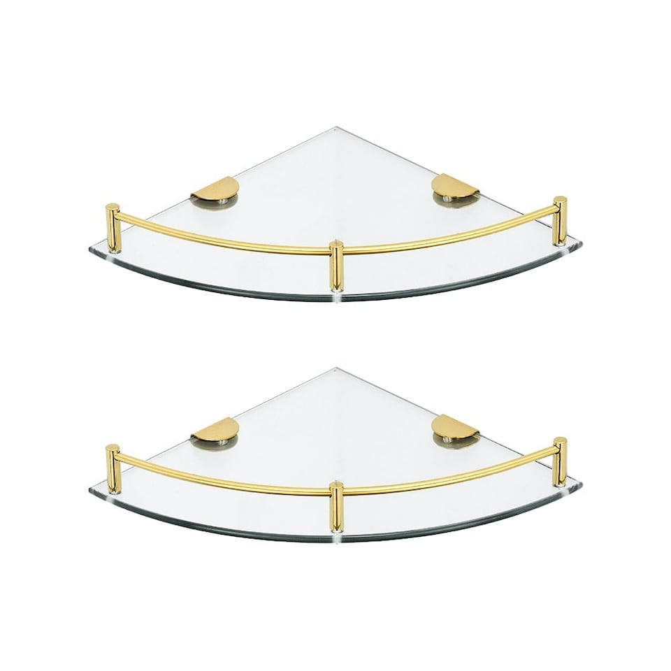 image 1 of Living and Home Glass Corner Shelf for Bathroom 1-Tier Set of 2 - Gold