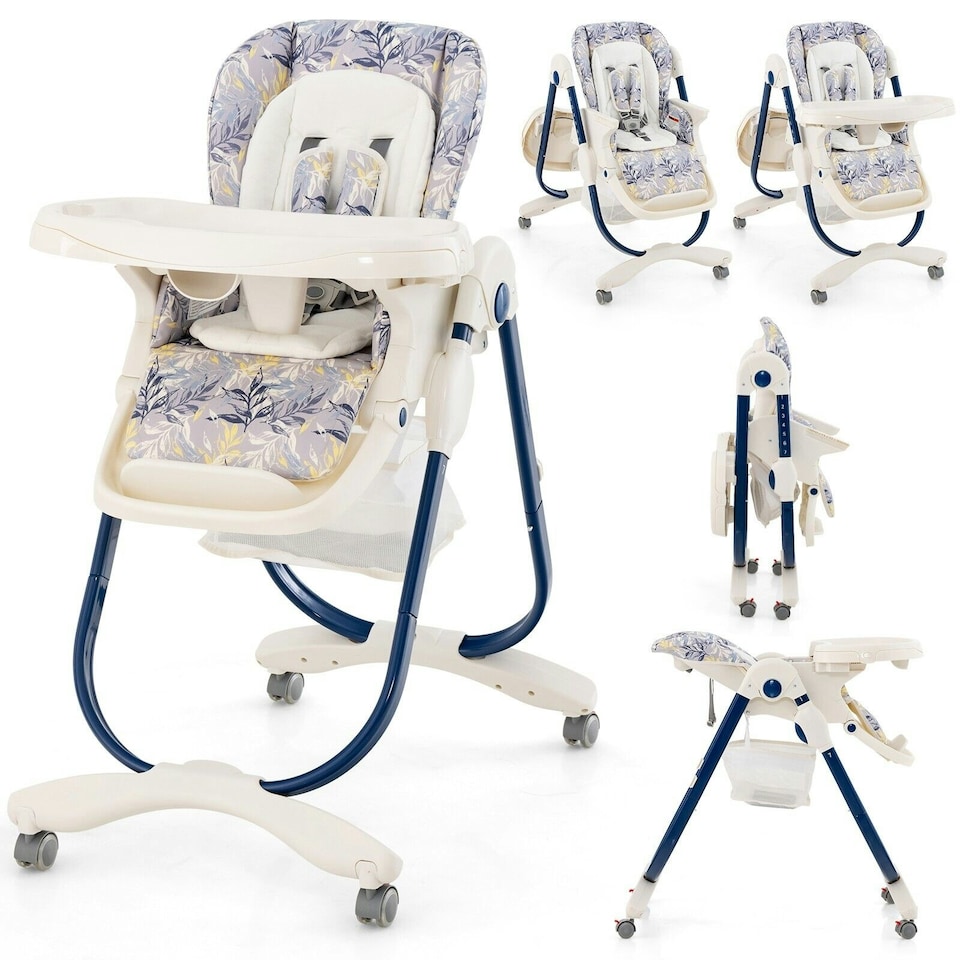 image 1 of COSTWAY Folding Baby High Chair Convertible High Chair Navy