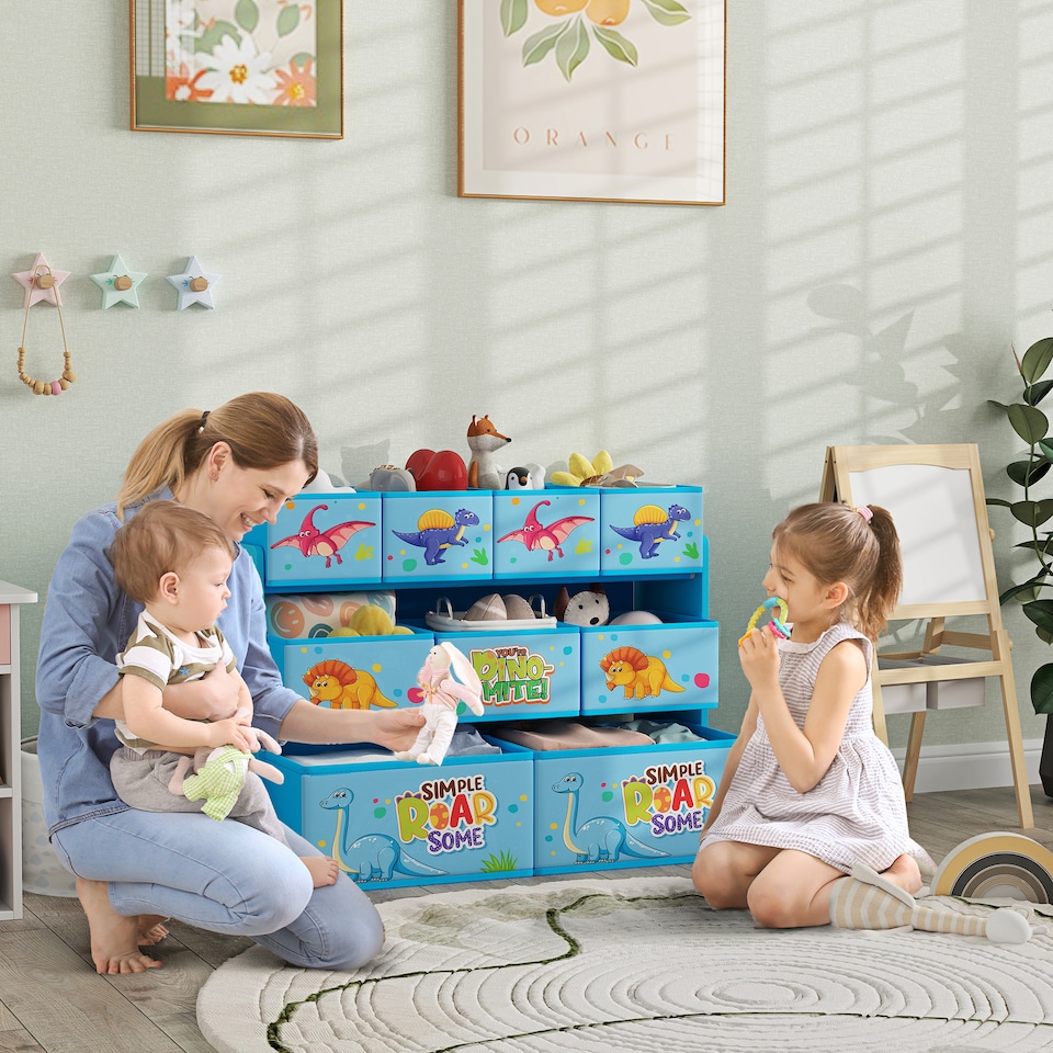 image 1 of AIYAPLAY 3-Tier Toy Organiser Shelf with 9 Storage Boxes for Bedroom, Blue