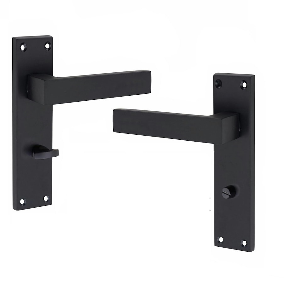 image 1 of Golden Grace Victorian Straight Delta Door Handles Bathroom WC Toilet Complete in Matt Black with (GG) 64mm Bathroom Mortise Lock - 150mm x 40mm Backplate Black