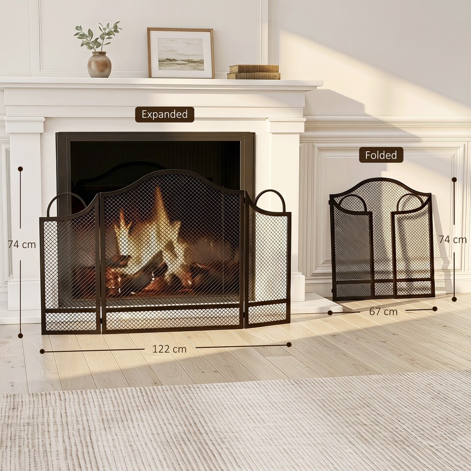 image 1 of HOMCOM Floral 3-Panel Folding Fireplace Screen for Protection, Black