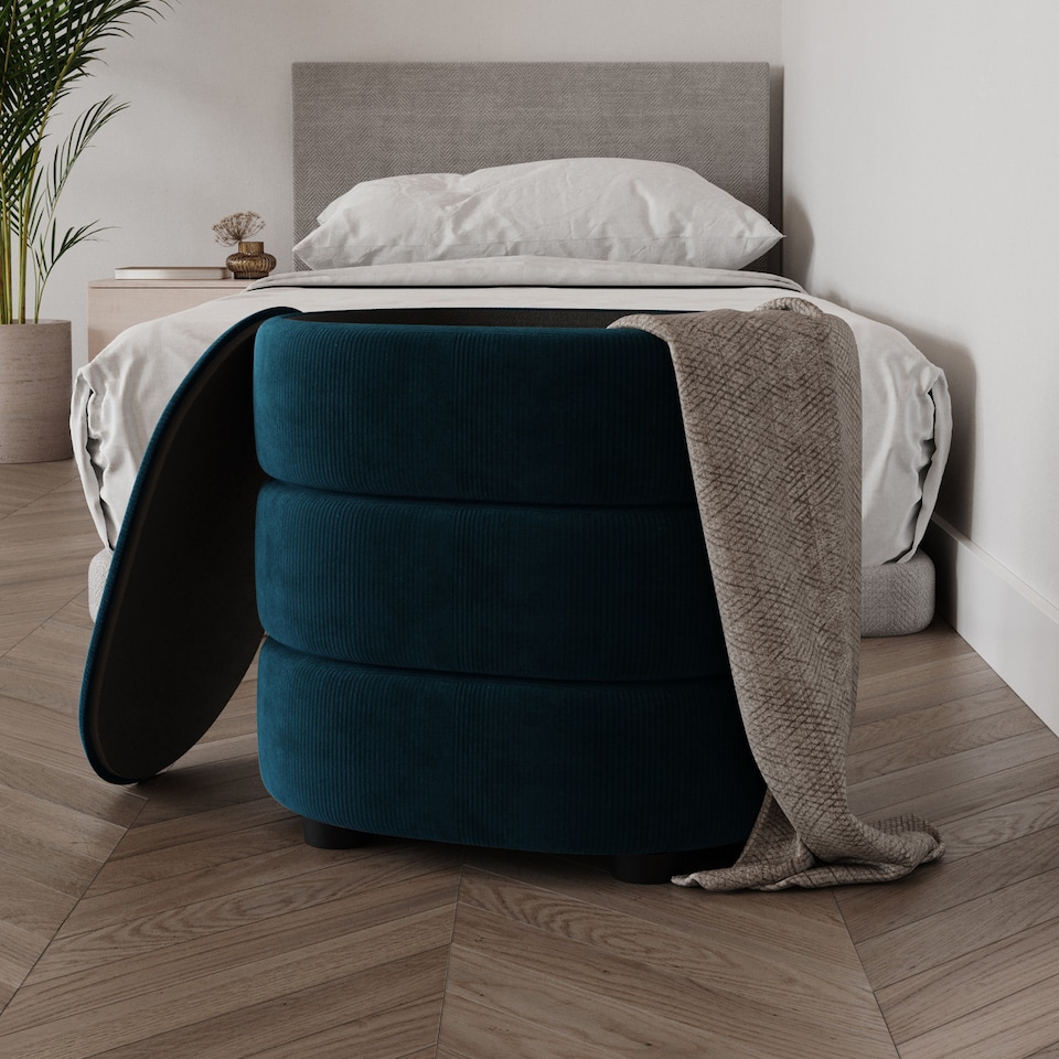 image 1 of Soft Velvet Round or Oval Ottoman Storage Pouffe Footstool Dressing Vanity Chair | Blue | Oval Teal Blue | 1