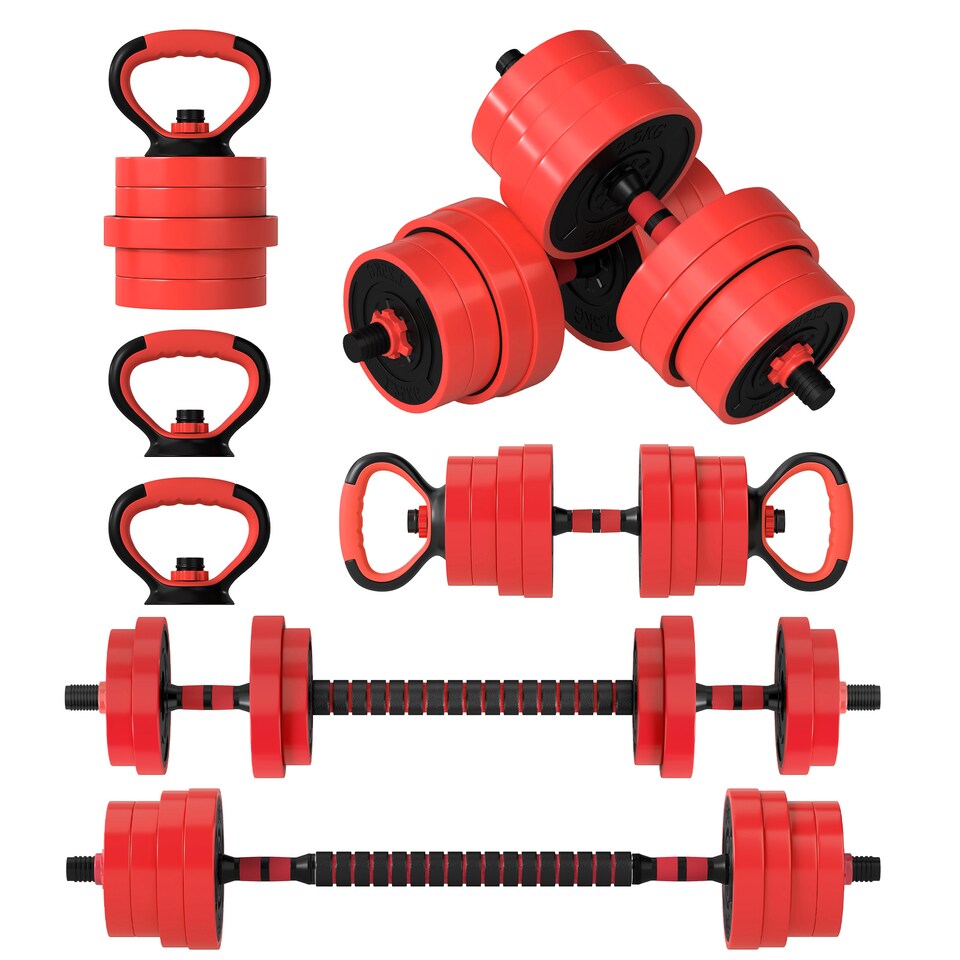 image 1 of SPORTNOW 4-in-1 Adjustable Weight Dumbbells Set, Used as Barbell, Kettlebell, Push up Stand, Free Weights Set for Men and Women Home Gym Training, 30KG, Red