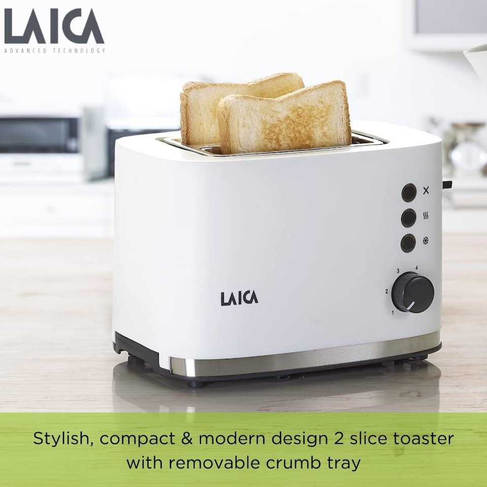 image 1 of LAICA Dual Flo 2 Slice Toaster, with Defrost & Reheat Functions, High-Lift & Wide Slots - White