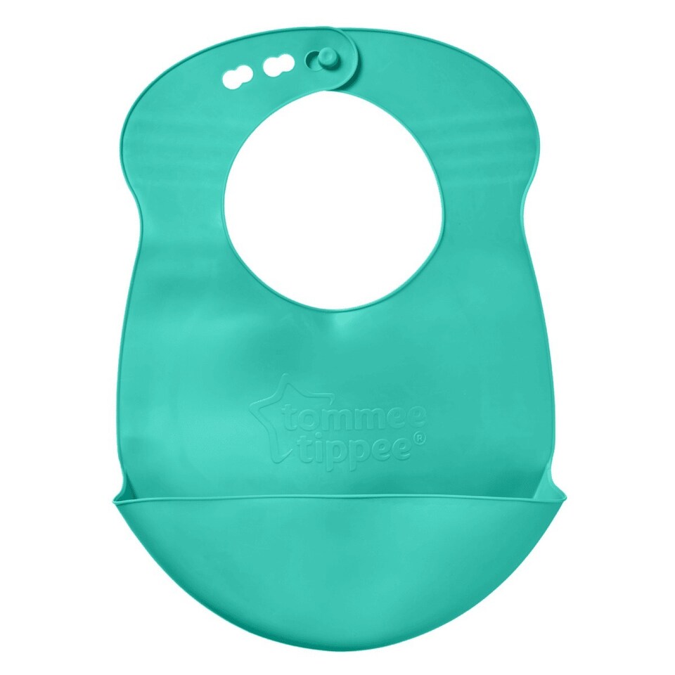 Tommee Tippee Green Roll ’N’ Go Silicone Bib | Soft Baby Feeding Bib with Crumb Catcher Pocket | Rollable Toddler Weaning Bib for Home & Travel