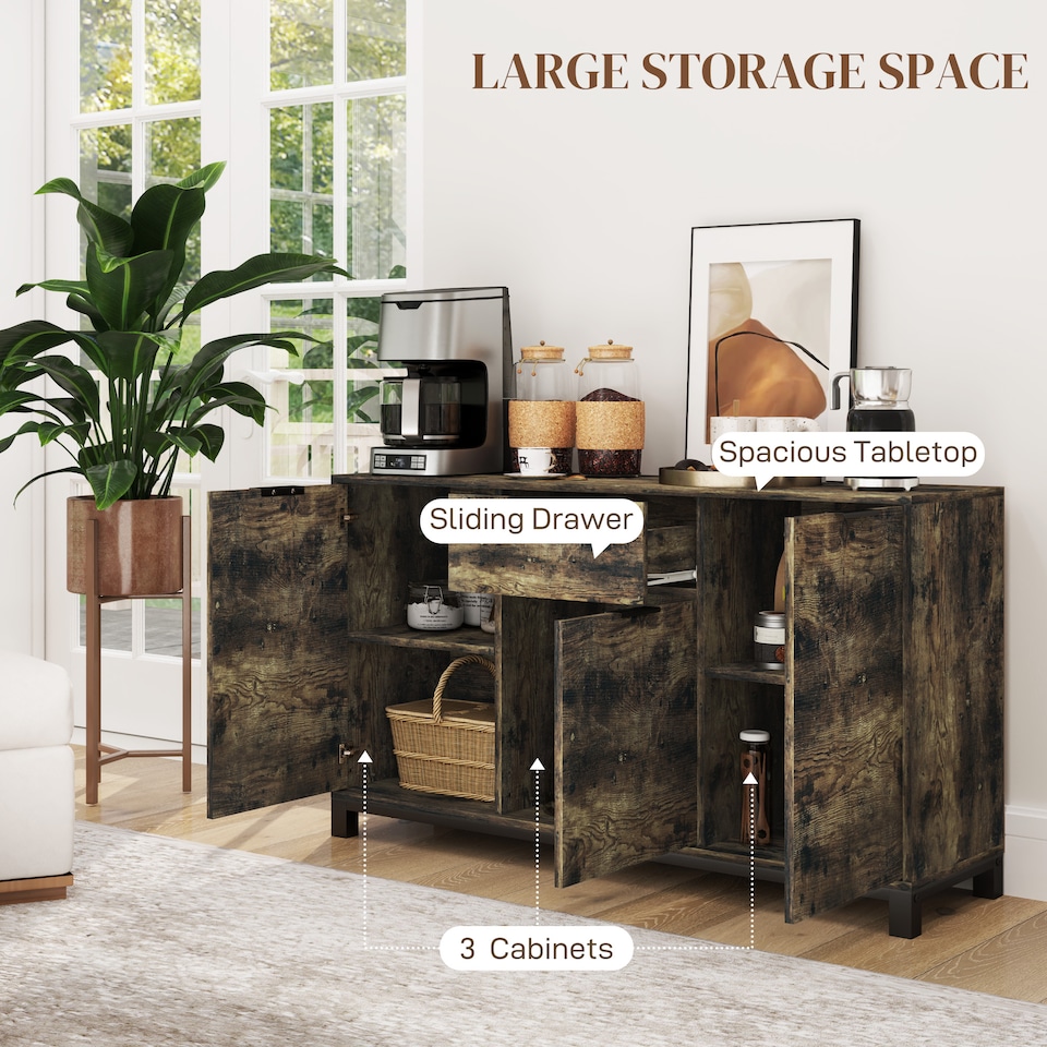 image 1 of HOMCOM Sideboard, Industrial Storage Cabinet with Doors, Drawer, Cupboard and Adjustable Shelves for Living Room, Dining Room, Hallway, Rustic Brown