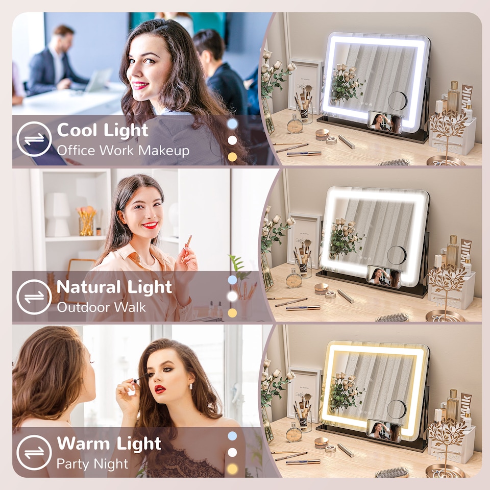 image 1 of HOMCOM Vanity Mirror with Lights, 6350 cm Lighted Makeup Mirror with 3 Colour Lighting Modes, 10 Magnifying, USB Charging Port, Phone Holder, 360 Degree Rotation, Touch Screen, for Dressing Table