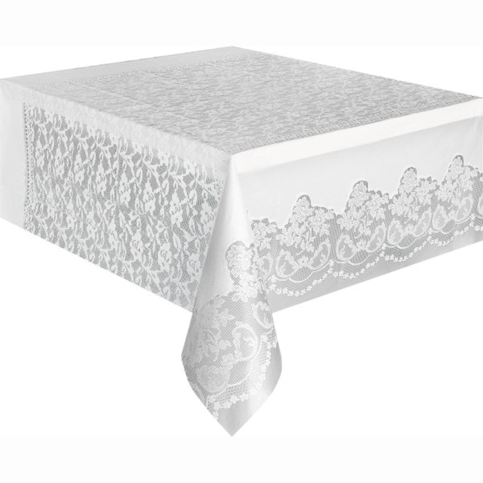 image 1 of White Lace Rectangular Plastic Table Cover, 54"x108"