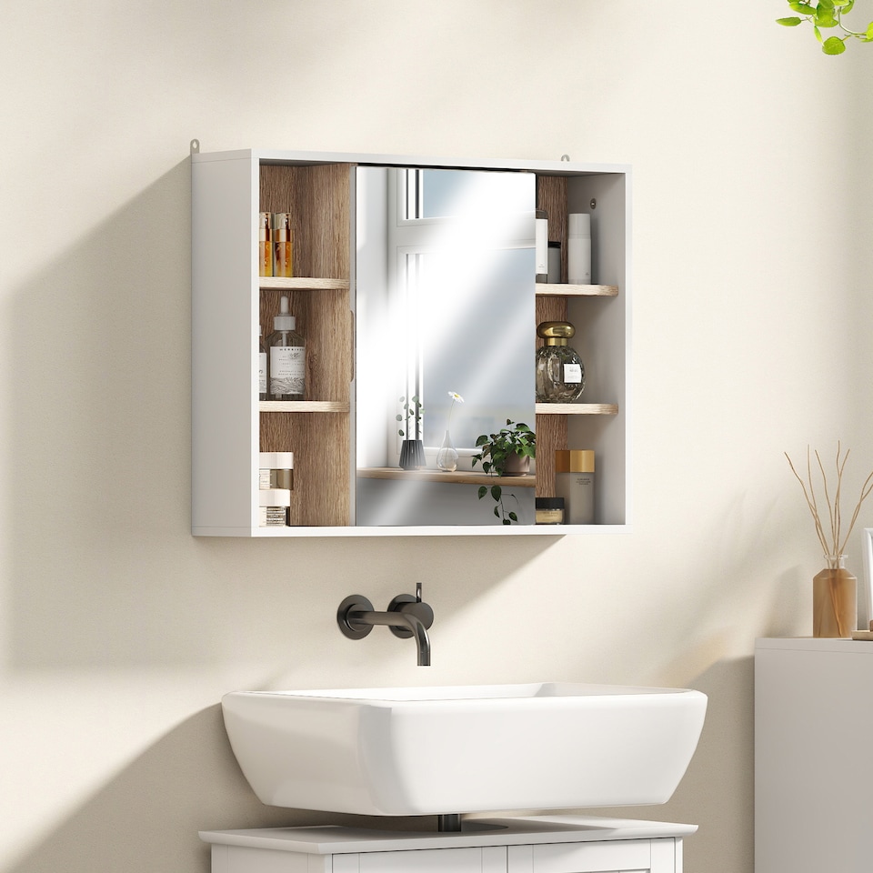 image 1 of HOMCOM Bathroom Mirror Cabinet, Wall Mounted Storage Cabinet with Open Cupboard and Adjustable Shelf, White