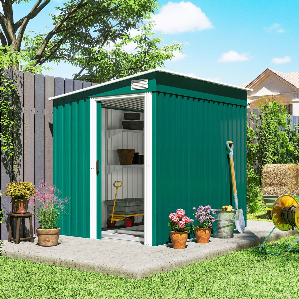 image 1 of Outsunny 7 x 5FT Garden Shed w/ Foundation Lean to Metal Tool Shed Green
