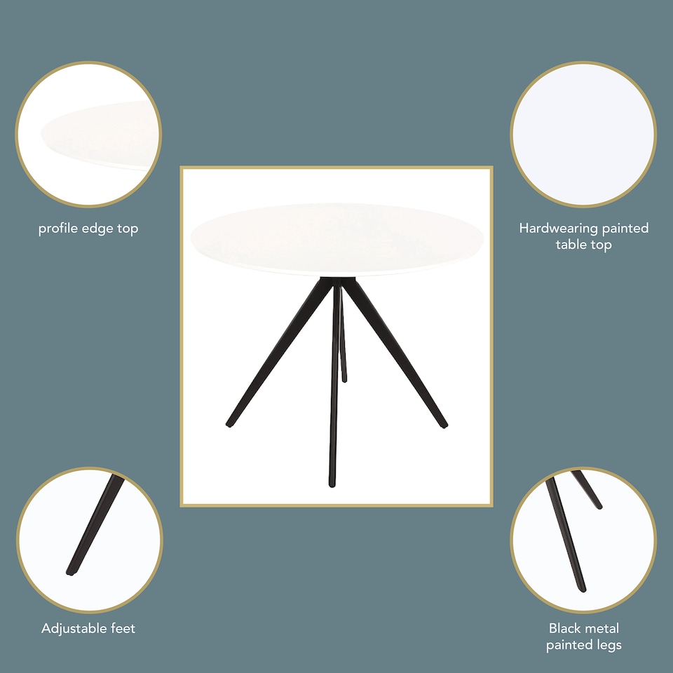 image 1 of Aspen Compact Round Dining Table - Durable Wood-Effect or Sintered Stone Top with Black Metal Pedestal Legs | White | White | Small | 1