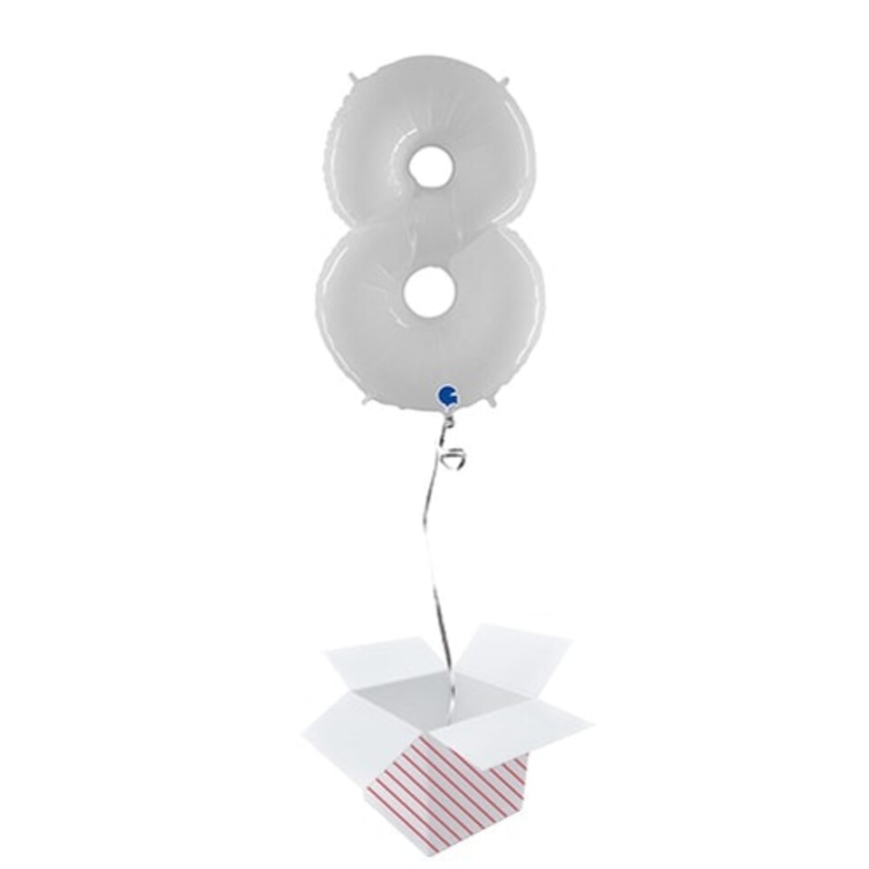 White Number 8 Helium Foil Giant Balloon  - Inflated Balloon in a Box