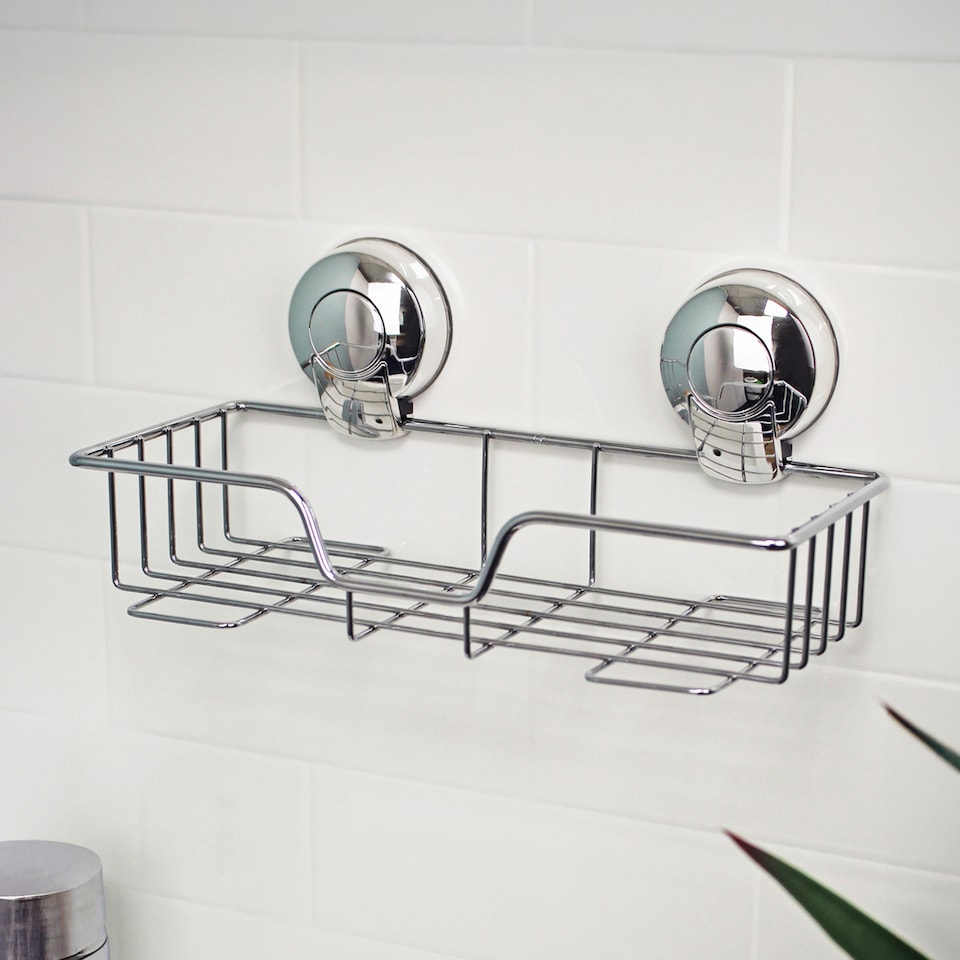 image 1 of Showerdrape Suctionloc Chrome Suction Wall Mounted Rectangular Basket with Mounting Discs | Chrome | Chrome | 1
