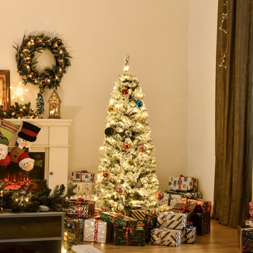 image 1 of HOMCOM 5FT Prelit Artificial Snow Flocked Christmas Tree with Warm White LED Light, Holiday Home Xmas Decoration, Green White