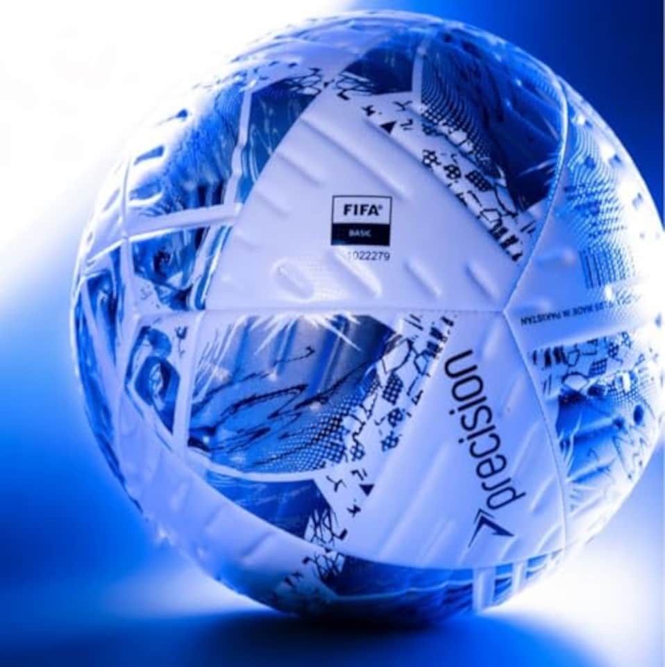 image 1 of Precision Fusion Plus Fifa Basic Training Football, 12 Panel Textured Tpu Match Ball, Pu Sealed Seams, Grass 3G Astro, White/Silver/Cyan/Black, 5