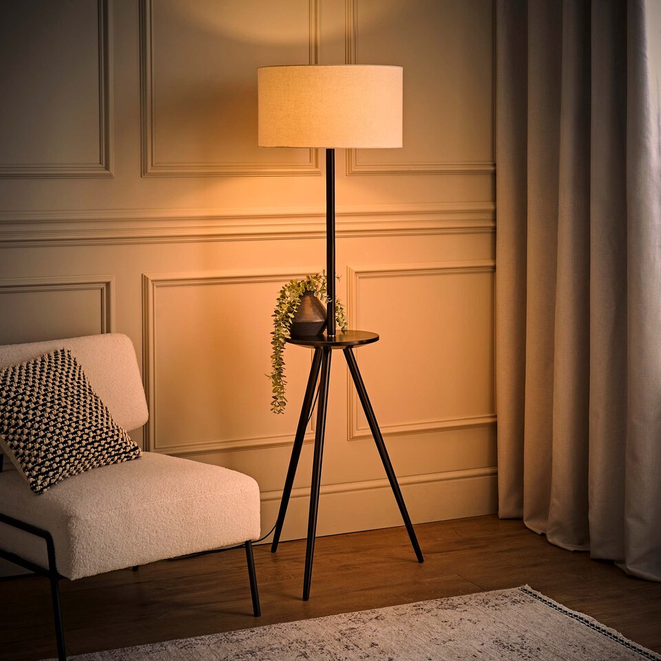 image 1 of ValueLights Desmond Black Tripod Floor Lamp Linen Shade & Bulb | Black