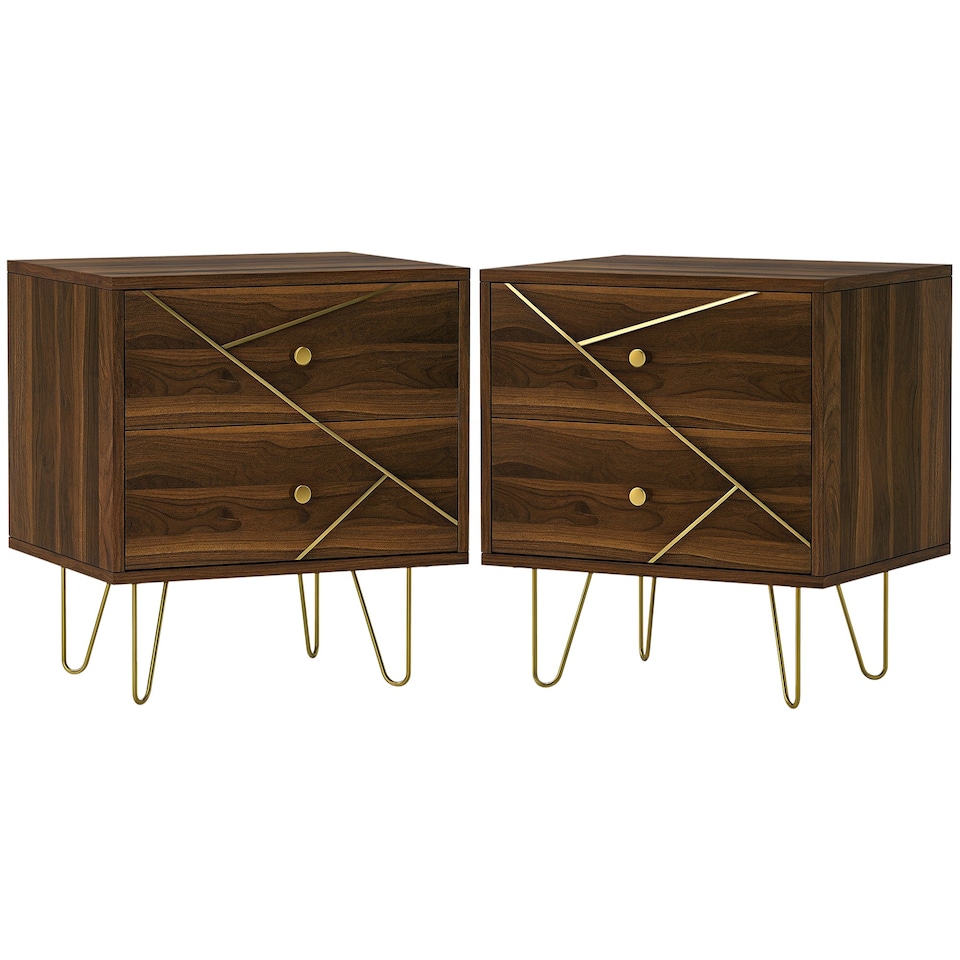 image 1 of HOMCOM Bedside Tables Set of 2, Modern Side Table Set with 2 Drawers, Brown