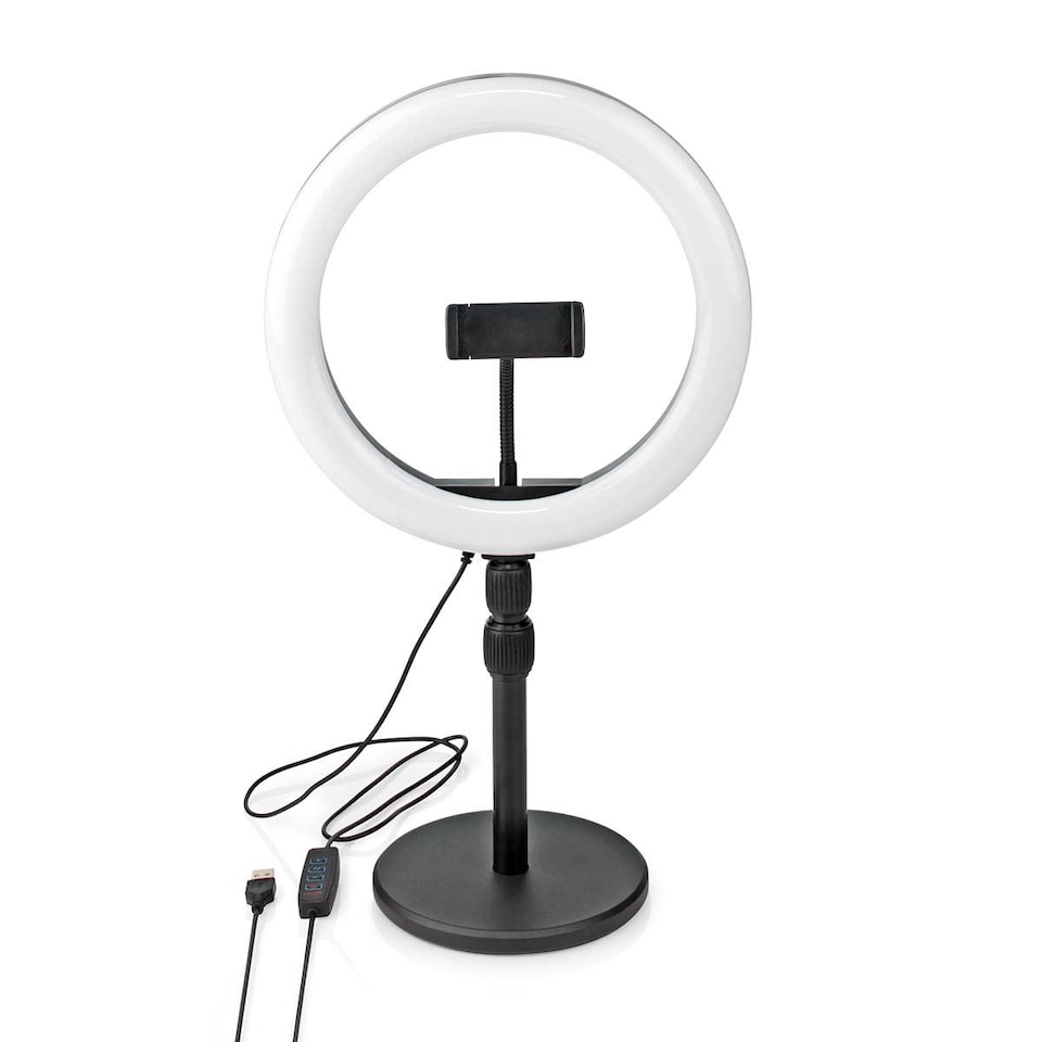 image 1 of Nedis Ring Light, 10" LED Ring Lamp with 120 LEDs on Aluminium Table Stand, USB Powered, with Flexible Phone Holder, 10 Light Modes