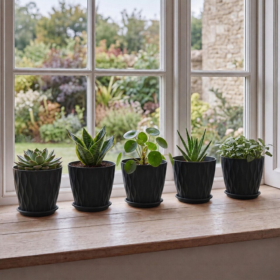 image 1 of TOQUE Plant Pots,5Pc 20cm Plant Pots Indoor,Drainage,PP Plastic,Black