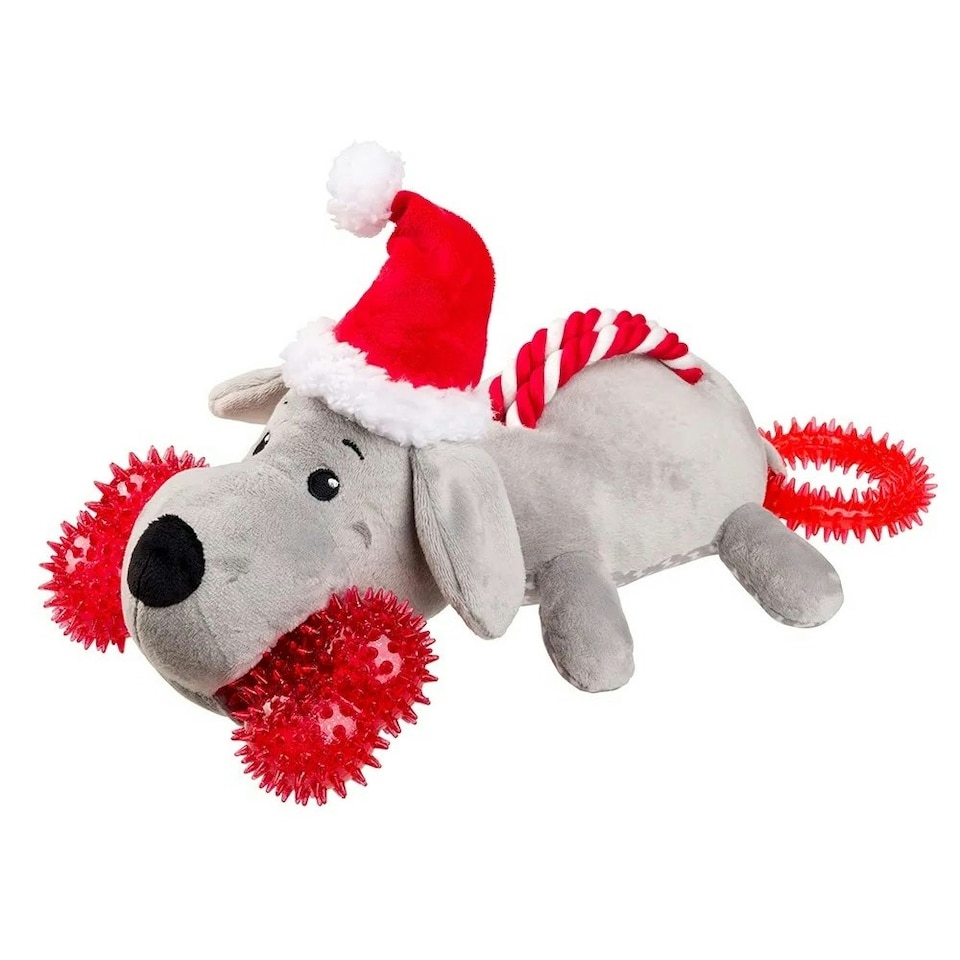 image 1 of House Of Paws Santa Paws Multi Textured Christmas Dog Squeak Toy - Red/Grey - One Size