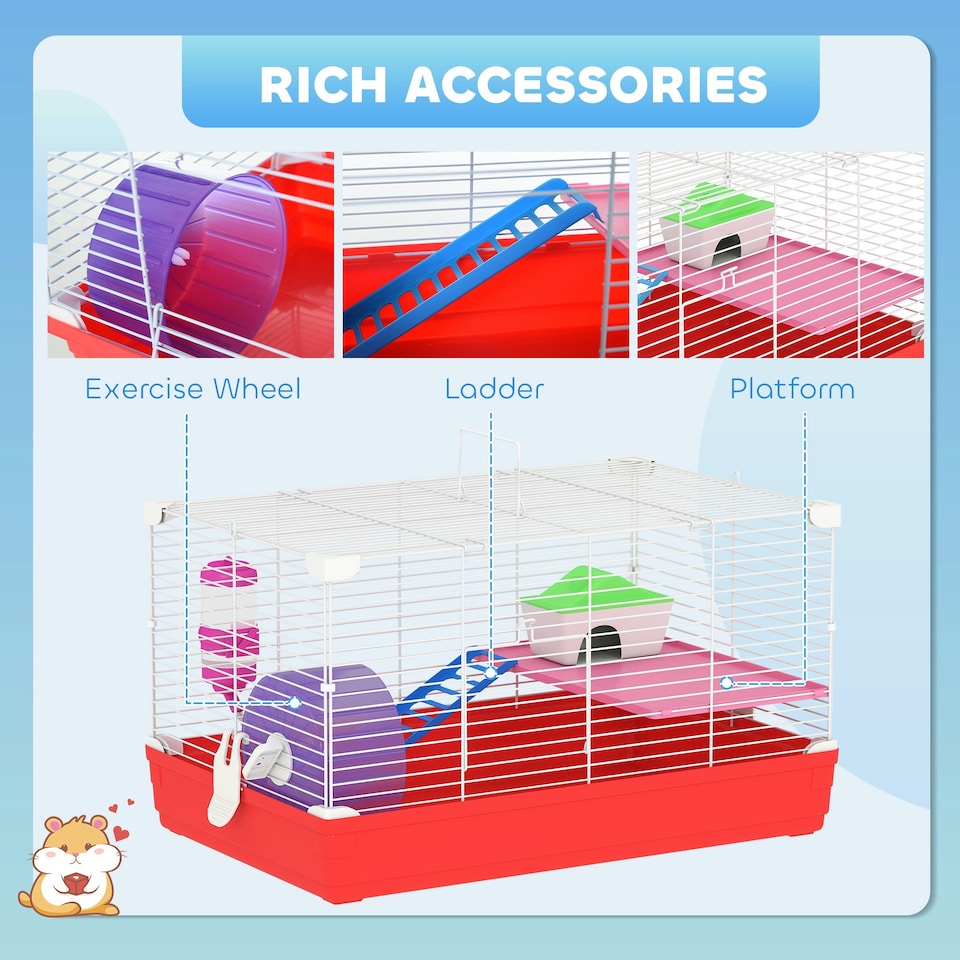 image 1 of PawHut Hamster Cage Pet Animal Travel Cage Box Double Layers w/ Accessories
