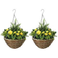 Outsunny 2 PCs Artificial Lisianthus Flower Hanging Planter Basket Yellow