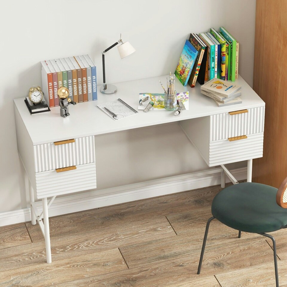 image 1 of COSTWAY Modern Computer Desk with 4 Drawers White