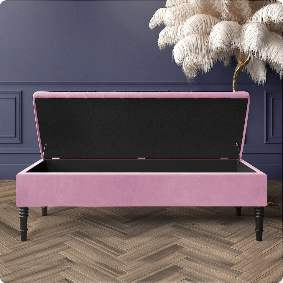 image 1 of Safar 150cm Ottoman Storage Bench - Plush Velvet Shoe Bench - Pink Lined Upholstery Storage Footstool