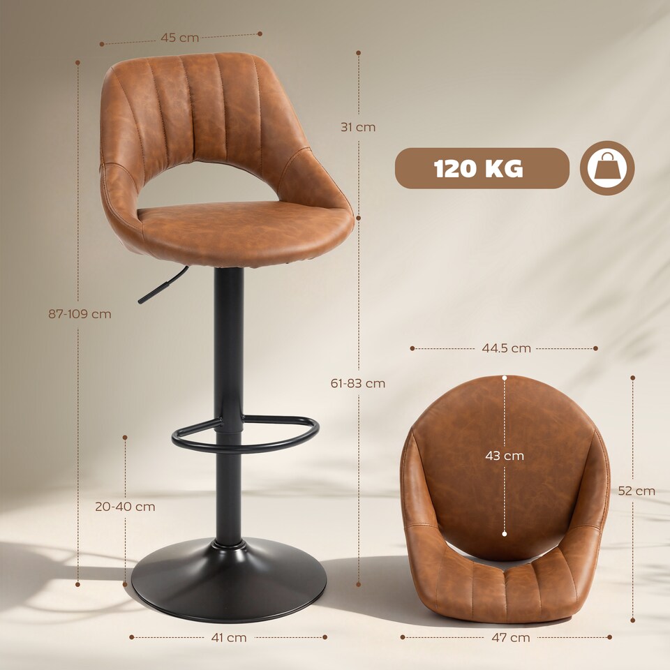 image 1 of HOMCOM Bar Stools Set of 2, Height Adjustable Swivel Barstools with Backrest and Footrest, PU Leather Upholstered Dining Stools for Kitchen, Counter, Breakfast Bar, Brown | Brown | Brown