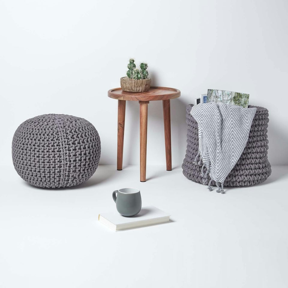 image 1 of Homescapes Sea Grey Round Cotton Knitted Pouffe Footstool - 35 x 40 cm | Grey | H 35cm x W 40cm