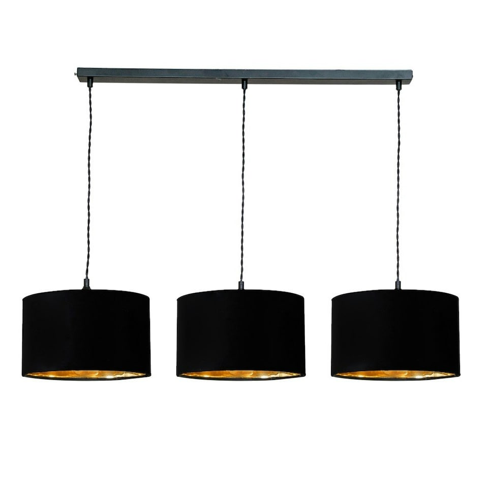 image 1 of ValueLights Reni Black & Gold Drum Shade 3 Drop Bar Matte Black Diner Ceiling Pendant Light Black