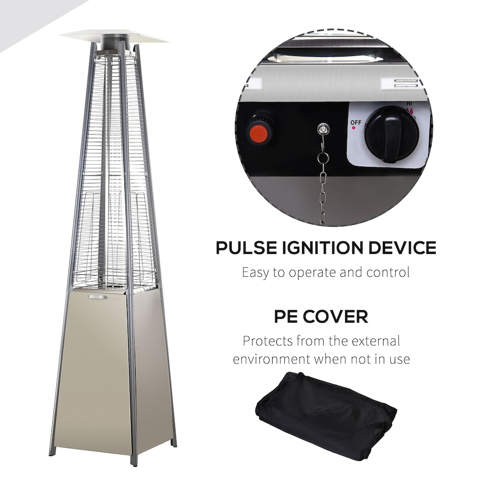 image 1 of Outsunny 10.5KW Propane Patio Heater Freestanding Pyramid Gas Outdoor Tower Heater Warmer with Wheels, Rain Cover, Regulator and Hose - Silver