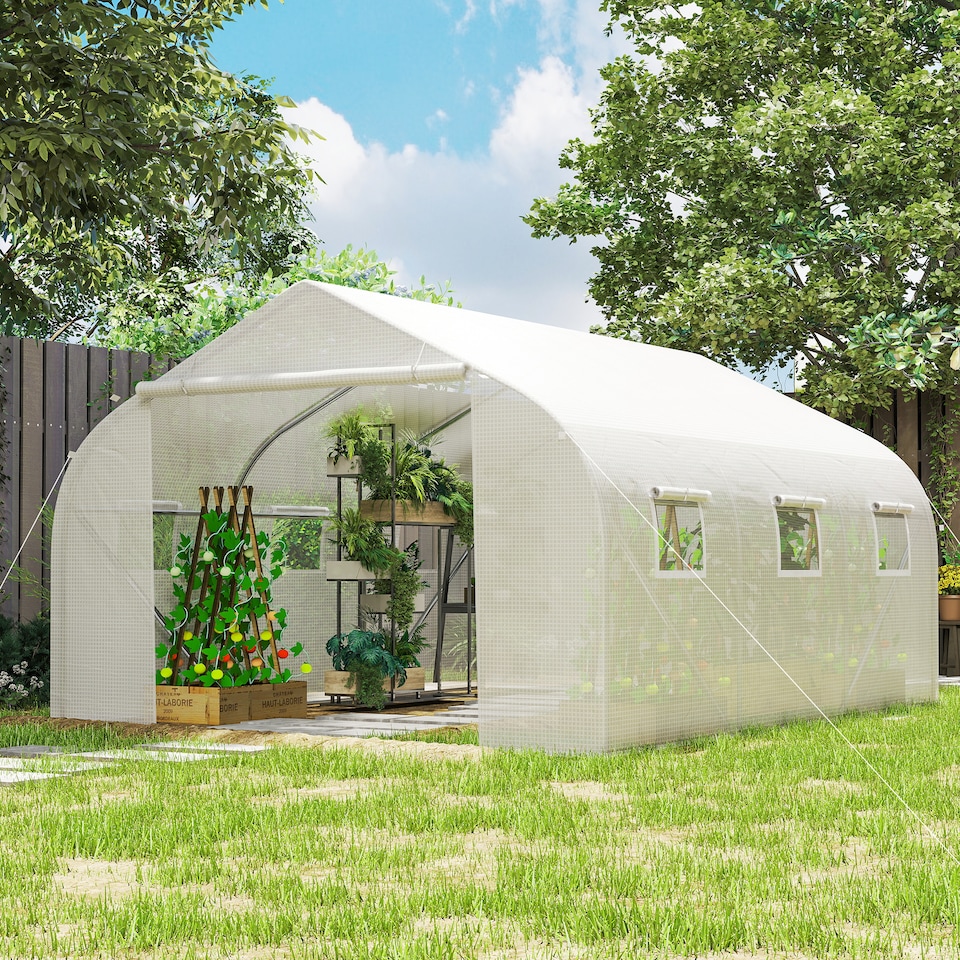 image 1 of Outsunny Walk-In Polytunnel Greenhouse w Roll Up Door Windows, 4.5x3x2 m White