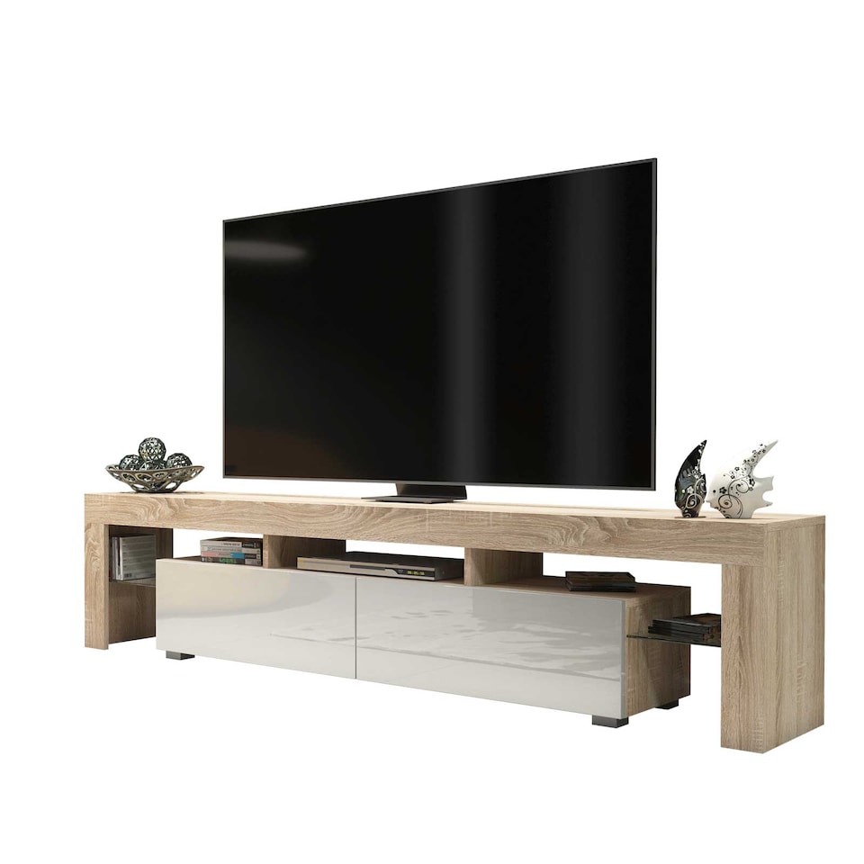 image 1 of TV Stand TV Unit Cabinet Sideboard Media Cabinet Storage Oak White High Gloss 200cm