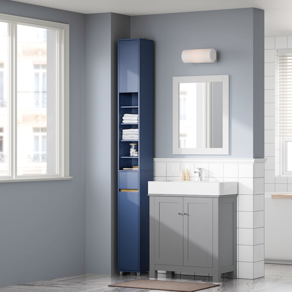 image 1 of SoBuy BZR34-II-B,Tall Bathroom Storage Cabinet with 4 Adjustable Shelves and 1 Drawer | Blue | Blue | 1