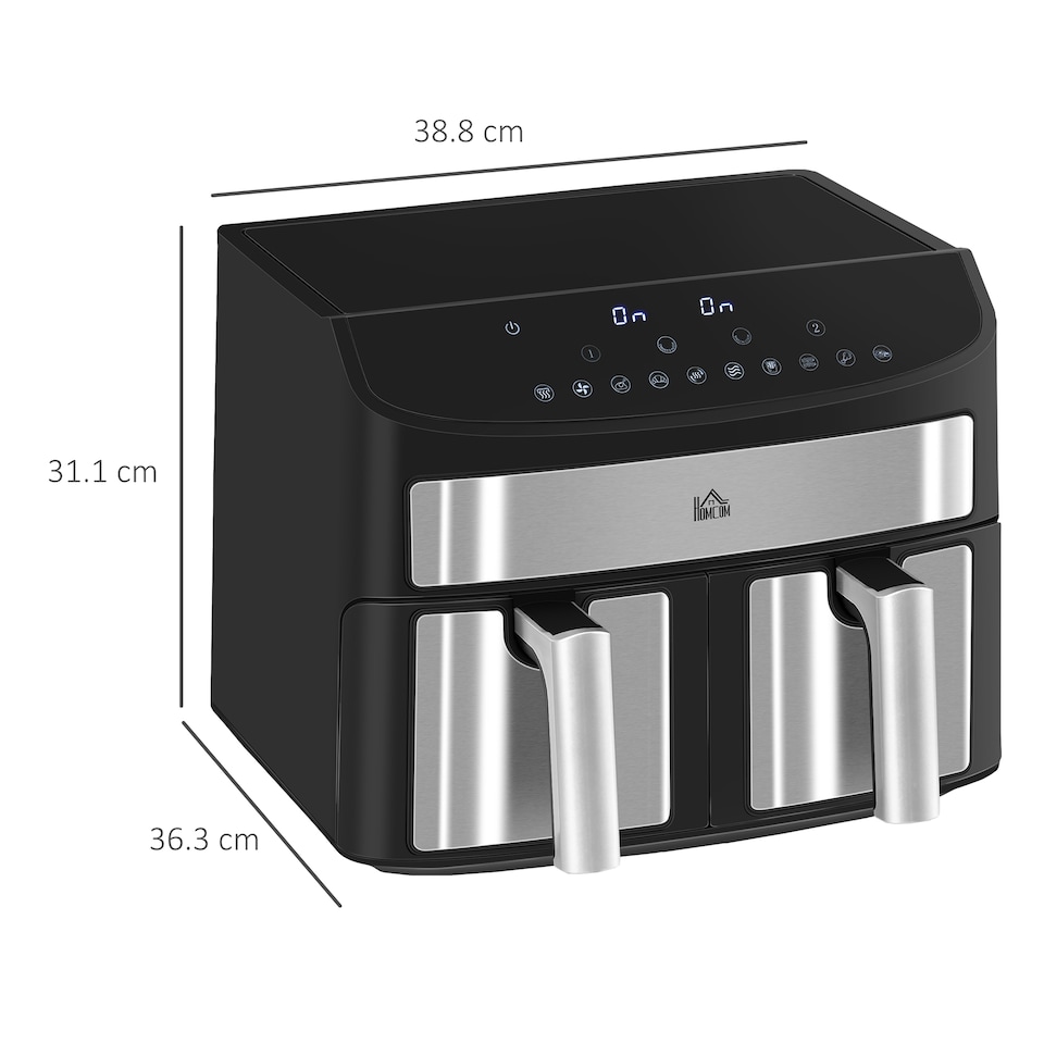 image 1 of HOMCOM Dual Zone Digital Air Fryer, 10-in-1 8L Family Size with 2 x 4L Baskets, Sync Cook & Smart Finish, 60-Minute Timer for Oil Free & Low Fat Healthy Cooking, 2400W, Black