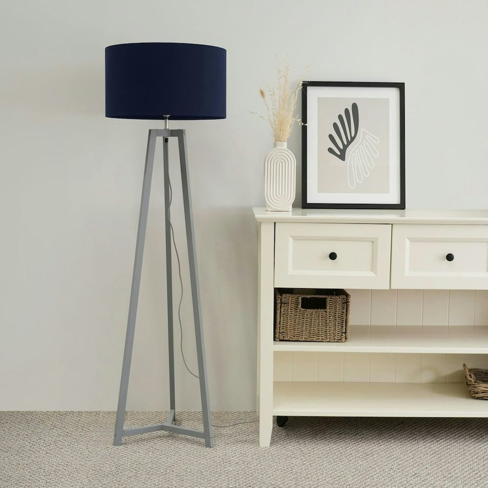 image 1 of ValueLights Lottie Grey Wood Tripod Floor Lamp with Navy Blue Fabric Drum Shade and LED Bulb