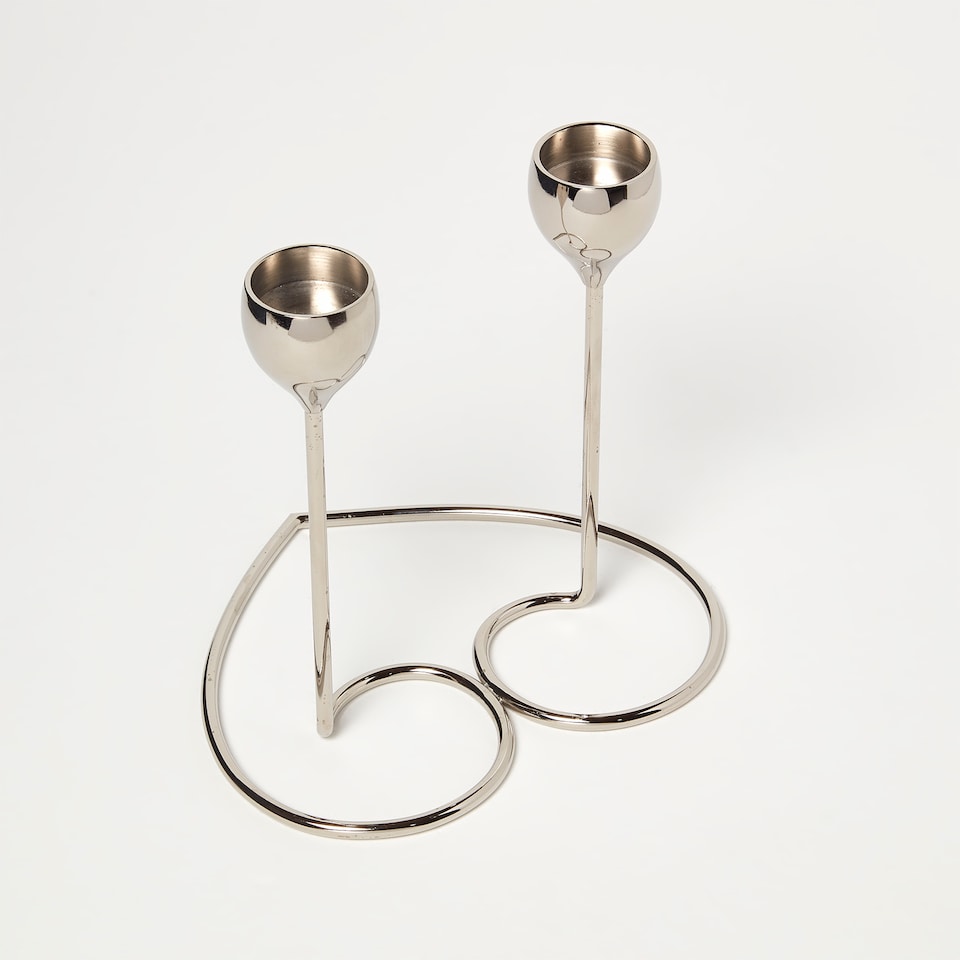 image 1 of Homescapes Dual Brass Heart Dinner Candle Holder – Polished Silver