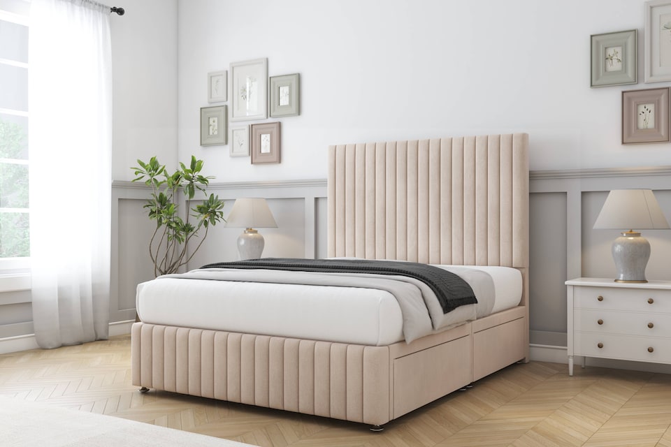 image 1 of Sloomy Madison Sand Naples Divan Bed With Mattress 2 Drawers Right Side With 54" Floor Standing Headboard & 12" Matching Footboard 6' Super King | Cream | Sand | Super King | 1