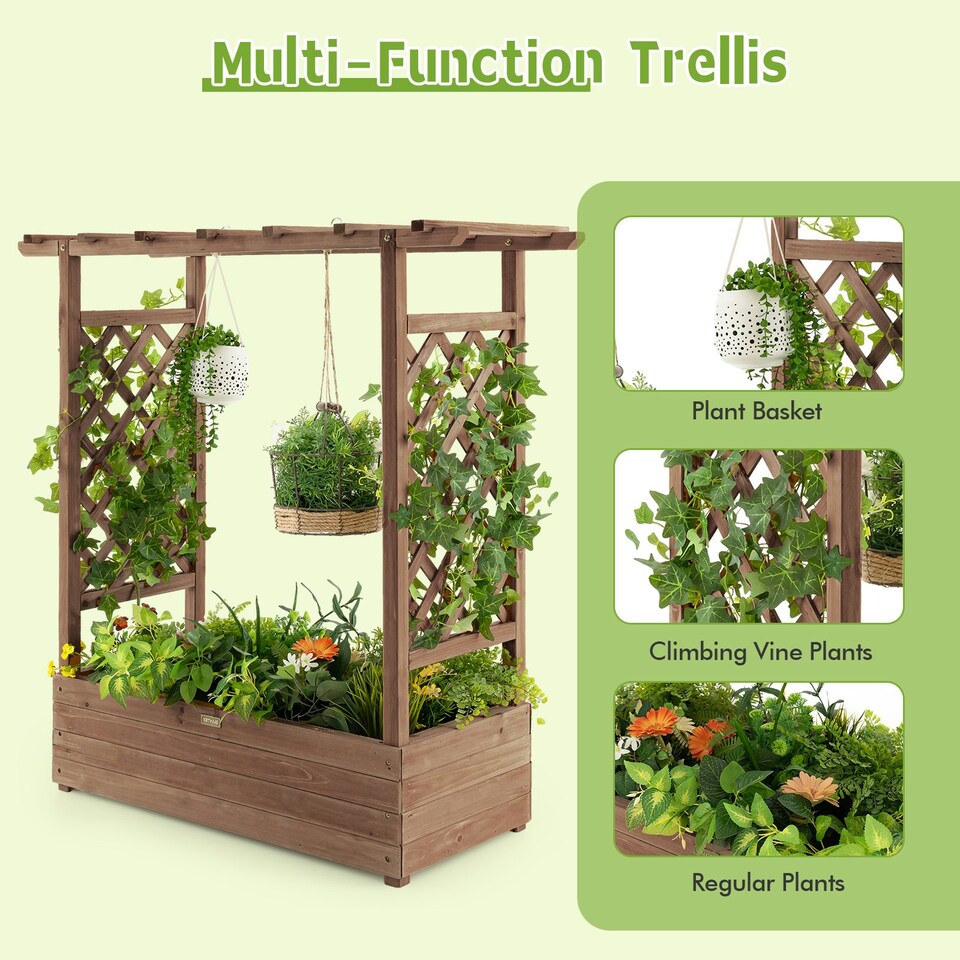 image 1 of COSTWAY Raised Garden Bed Planter Box w/ Trellis Coffee Brown