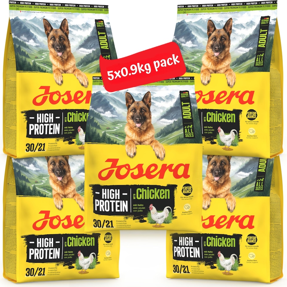 image 1 of Josera High Protein Adult Chicken complete dog food | Lots of meat | For active working and sporting dogs | Gluten-free | Salmon Oil Omega 3 | 5x0.9kg